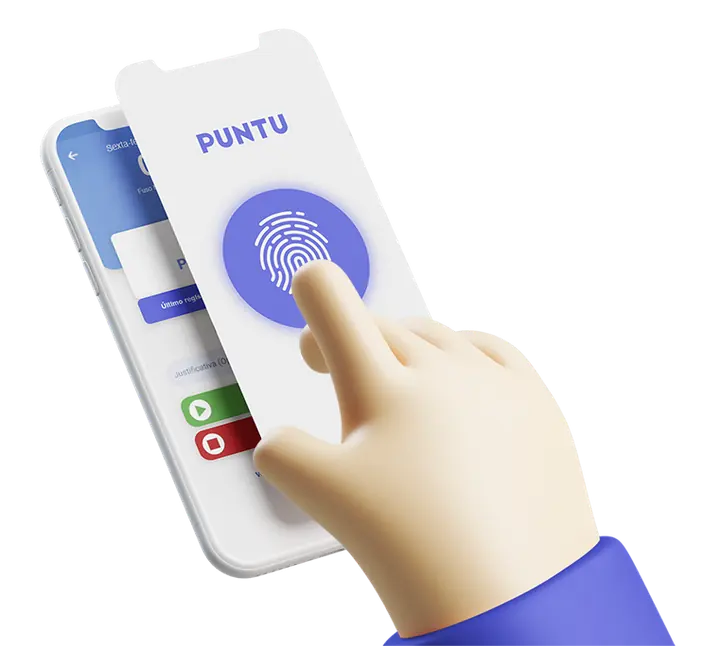 Mão tocando a tela do app do Puntu para bater o ponto por biometria
