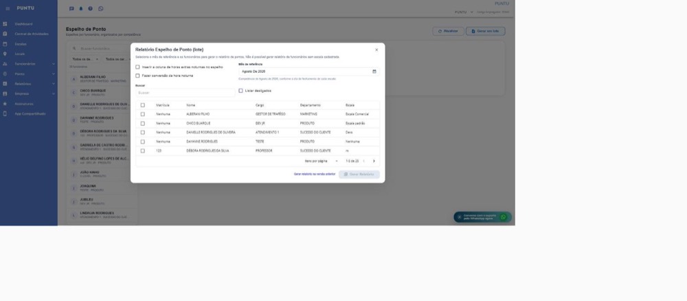 Janela de emissão em lote, com seleção de mês de referência e lista de colaboradores.